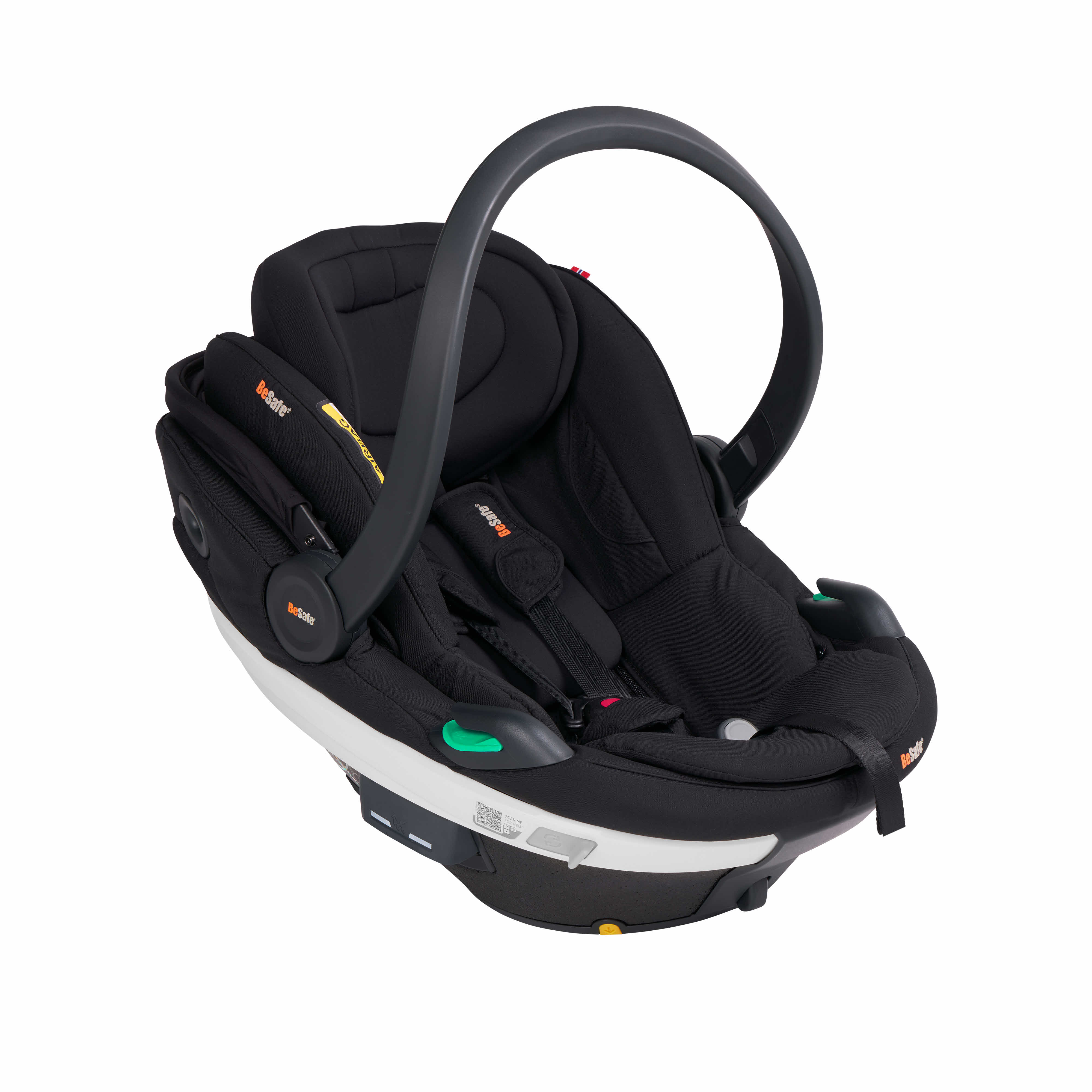 Baby seat with rotation and the only seat where your baby safely can lay flat while driving. Operate the seat with one hand only. Peekaboo sun canopy BeSafe